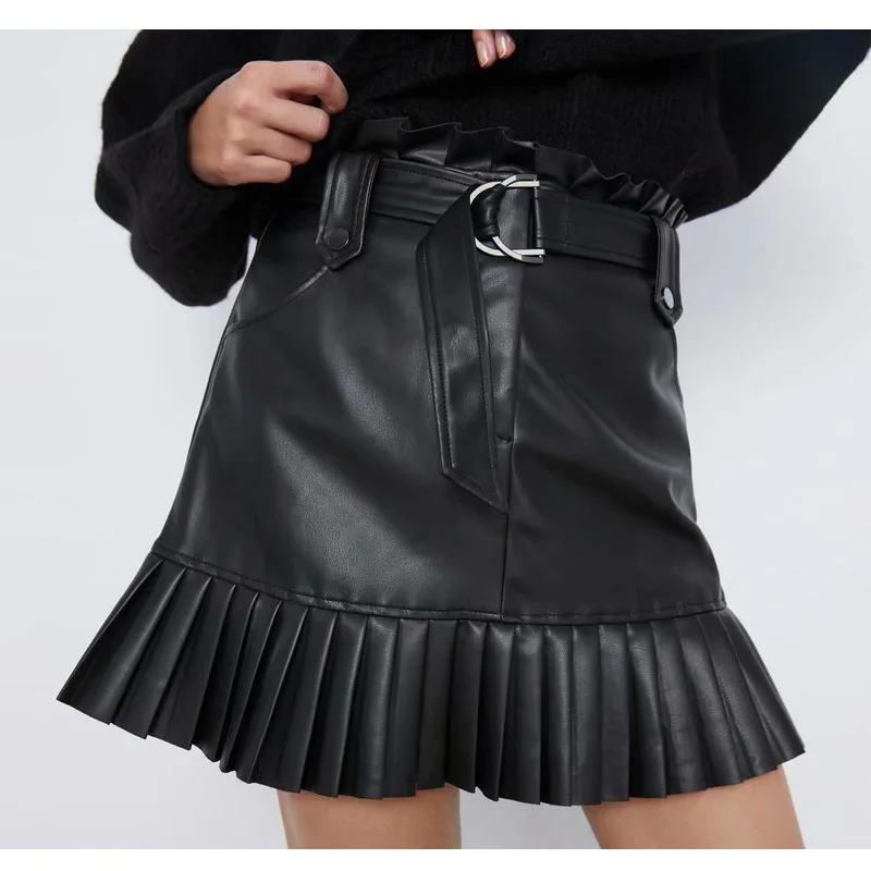 Faldas cortas de cuero con para mujer, negra de cintura alta, de piel sintética bolsillos, para invierno - AliExpress