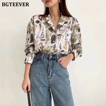 

BGTEEVER Vintage V-neck Print Women Blouse Shorts Full Sleeve Loose Female Shirts Tops 2020 Spring Summer Elegant Ladies Tops