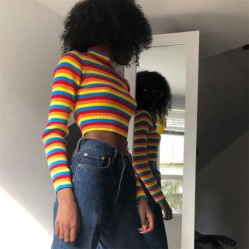

Nice Fall Fashion Colorful Stripe Basic Jumper Sweater Turtleneck Slim Sweater Striped Long Sleeve Knitted Short Sweater