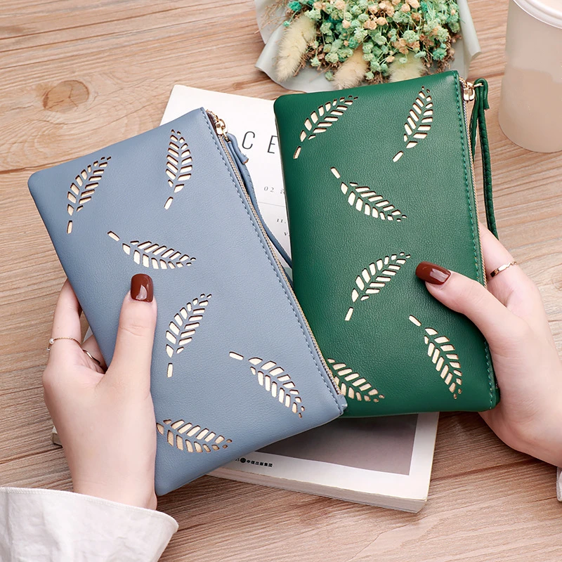 

PU Leather Hollow Leaves Women's Wallet Wristband Zipper Card Holders Money Phone Bag Ladies Coin Purses Fashion Casual Clutch