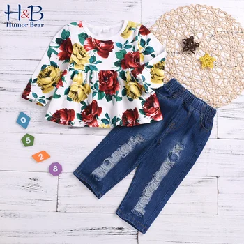 

Humor Bear Children's Clothing Suit Spring & Autumn Kids Flower Long Sleeves Shirt +Ripped Jeans 2Pcs Baby Girls Clothing Sets