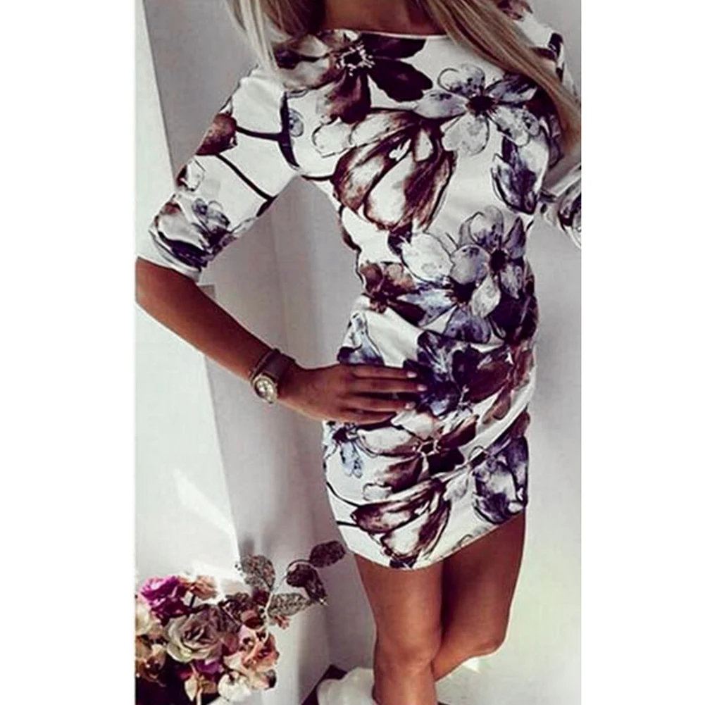 

Evening Party Round Neck Nightclub One Shoulder Half Sleeve Mini Retro Women Dress Summer Fashion Sexy Pencil Floral Printed