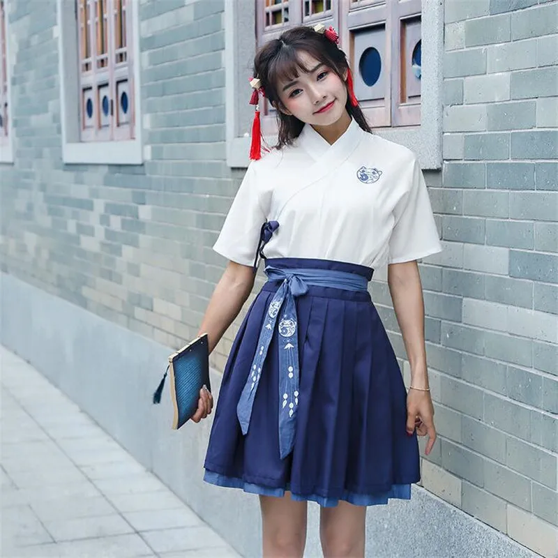 Древний китайский костюм Hanfu для девочек косплея современный Топ и юбка на