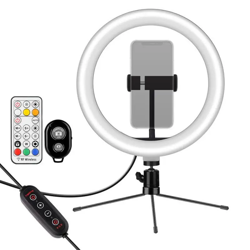 Photography LED Selfie RGB Ring Light 26cm With tripod Stepless Lighting Dimmable With Cradle Head For Makeup Video Live Studio