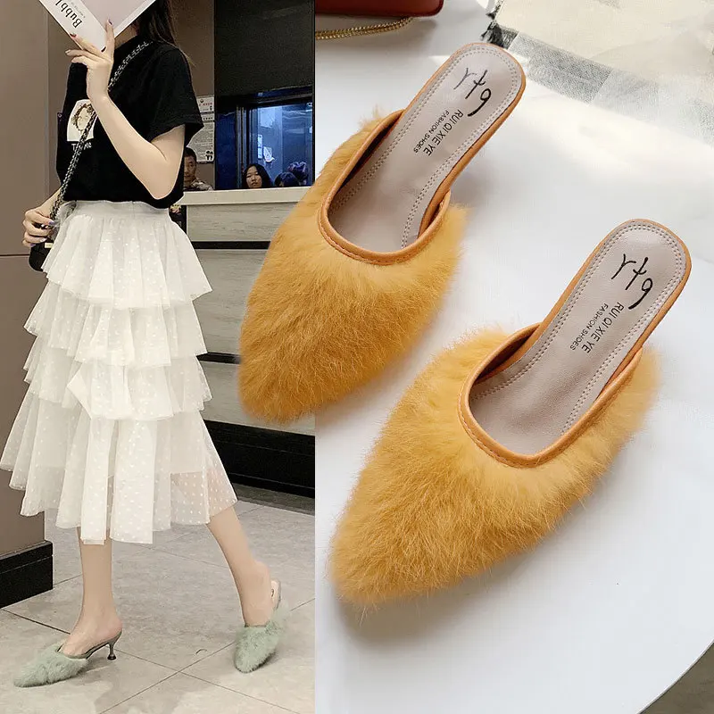 

Plush Slipper Women's Outer Wear 2019 New Style Summer Korean-style Pointed-Toe High Heel Shoes Women's Thin Heeled Fashion Slim
