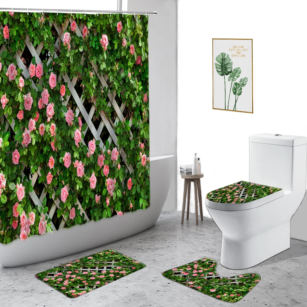 

Green Pastoral Landscape Shower Curtain Rose Vine Garden 3D Printing Bathroom Set Non-Slip Carpet Toilet Cover Bath Curtain Rug