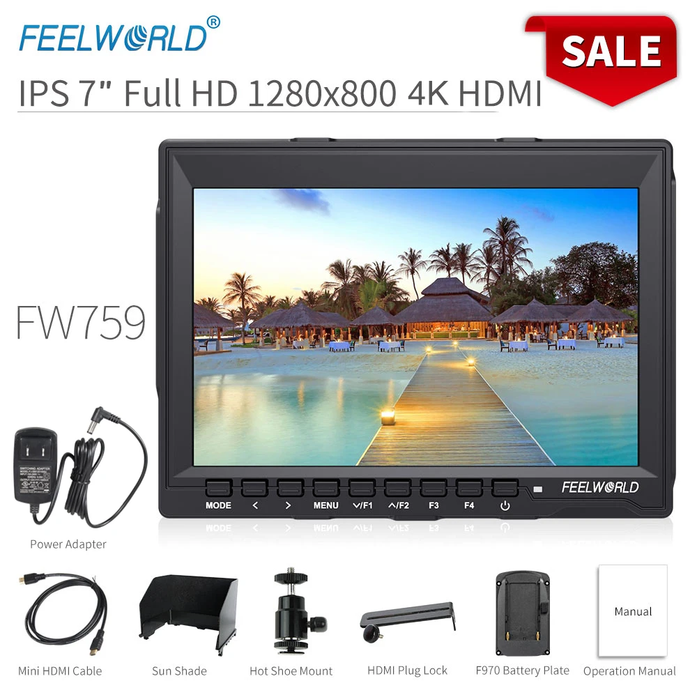 FEELWORLD FW759 7 inch DSLR Camera Field Monitor 4K HDMI AV Input IPS HD 1280x800 LCD Display Video Assist for Sony Nikon Canon