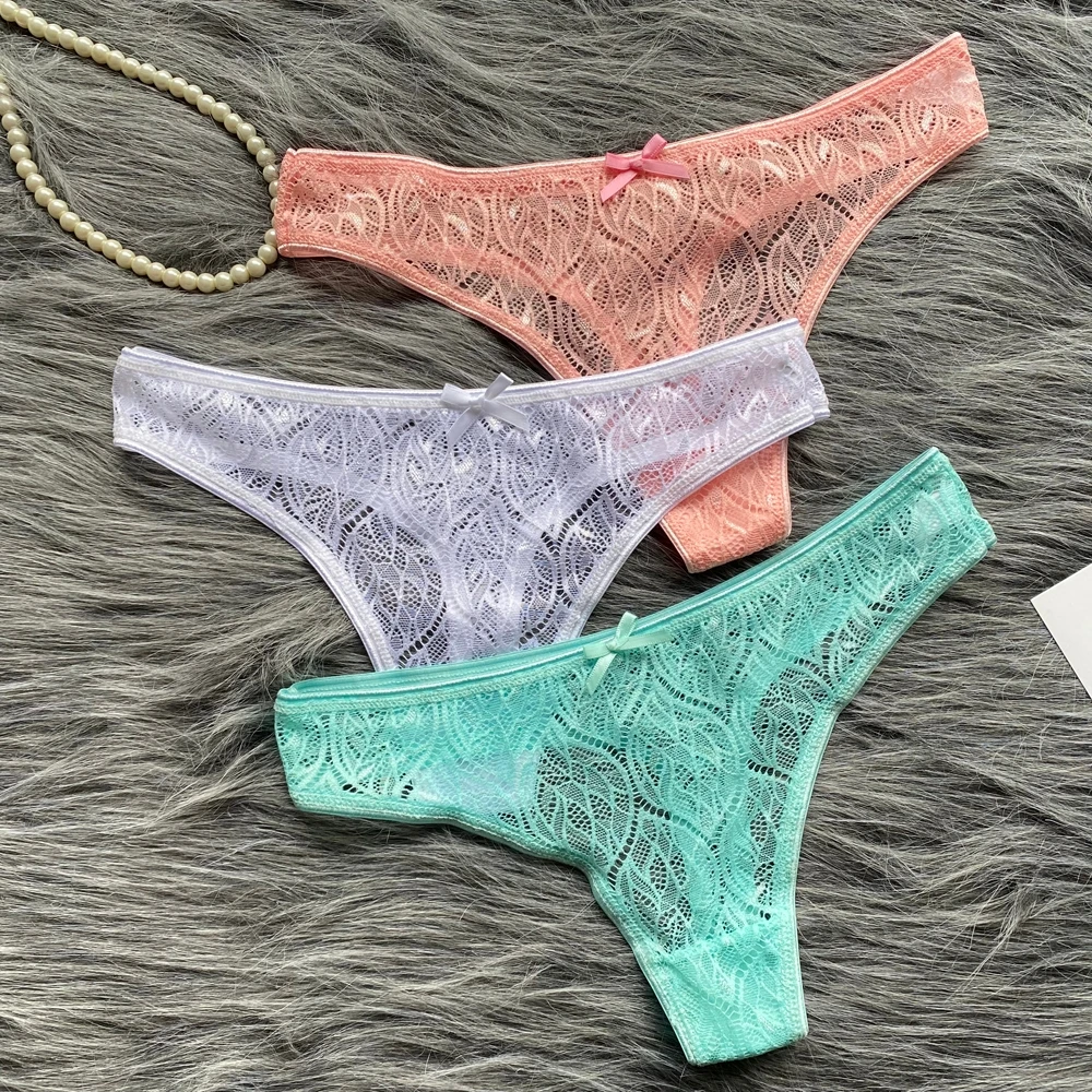 3Pcs Panties Women Lace Sexy G-String Lingerie Low Waist Thong Briefs T-back Transparent Female Underwear | Женская одежда