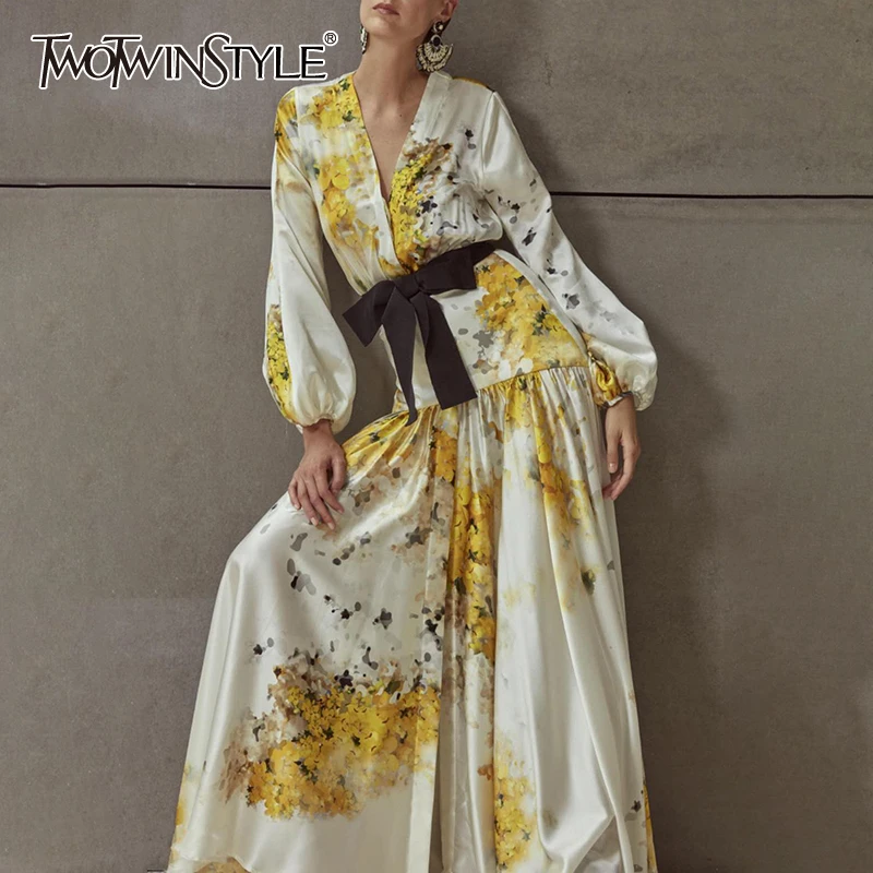 TWOTWINSTYLE Casual Print Women Dress V Neck Lantern Long Sleeve High Waist With Sashes Hit Colro Ruched Dresses For Female Tide TWOTWINSTYLE Casual Print Women Dress V Neck Lantern Long Sleeve High Waist With Sashes Hit Colro Ruched Dresses For Female Tide