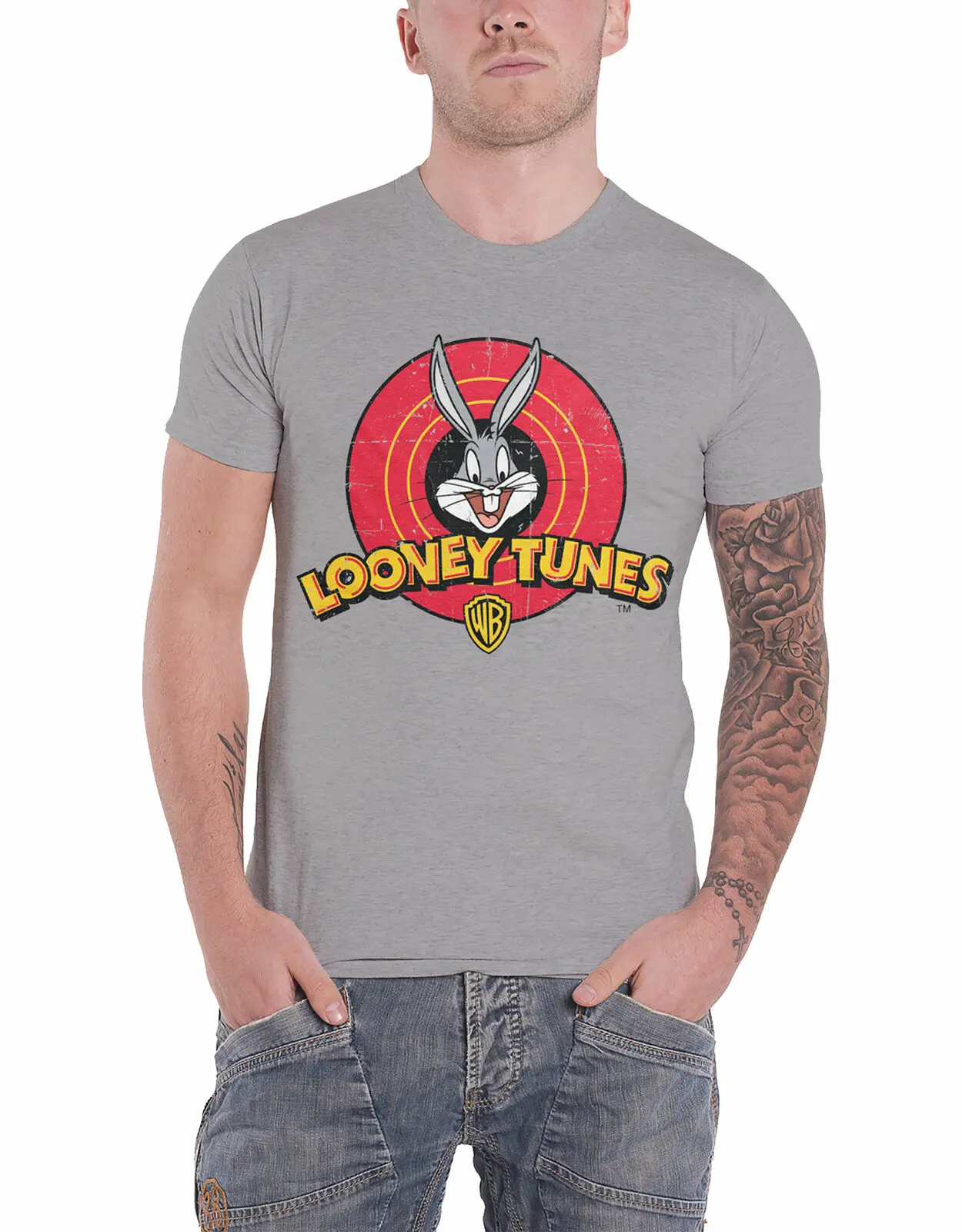 

Looney Tunes T Shirt Distressed Bugs Bunny Logo Official Mens Heather Grey Size