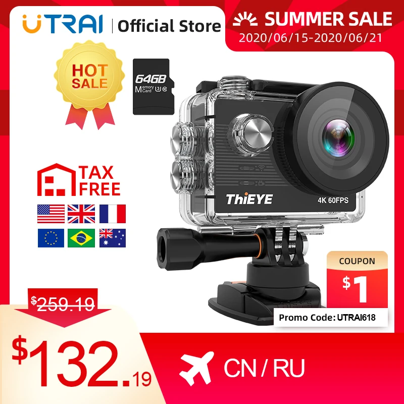 ThiEYE-Cámara de acción 4K 60fps T5 Pro, sumergible hasta 60M, impermeable, WiFi, 2,0 , Ultra HD, deportiva, con pantalla táctil