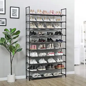 

10 Tier Shoe Cabinet Black Steel Frame Large Capacity Shoe Rack Home Furniture 100x30x176cm Shoe Cabinet HWC