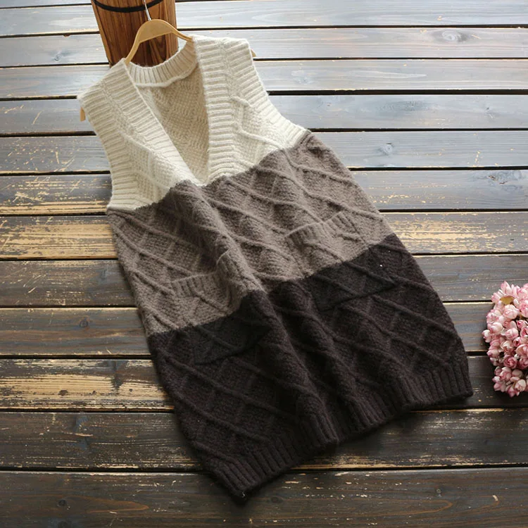 Women V neck Sweater 2019 Autumn Winter Sleeveless Contrast Color New Knit Pullovers Loose Casual Coat YoYiKamomo | Женская одежда