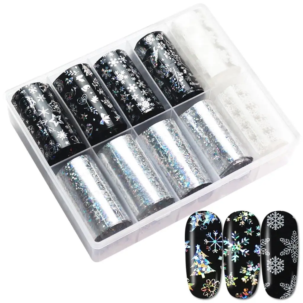 2021 New 10roll/set Christmas Snowflakes Nail Foil Stickers Snowmen Rose Xmas Tree Transfer Sticker DIY Art Decorations | Красота и