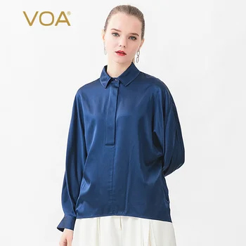 

VOA Satin Silk Lapel With Shoulder Wide Long Sleeve Concealed Single Breasted Patch Micro Sleeve Pullover Dark Blue Shirt B0163
