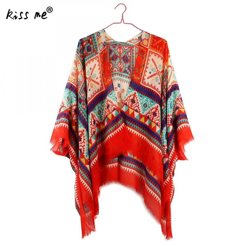 

Red Bohemian Beach Tunic Swimsuit Cover Ups Women Beach Wear Cardigan Mid-Long Style Bikini Cover Up Female Sun Protection
