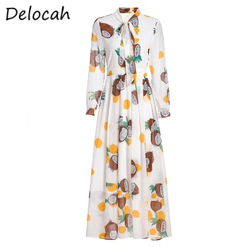 

Delocah Spring Summer Women Dress Runway Fashion Designer Lantern Sleeve Simple Bow Printed Holiday Female Holiday Slim Dresses