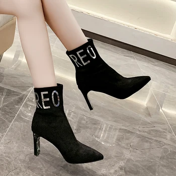 

Socks boots shoes women Zapato Mujer thin high heels super high heels pointed red black high heels boots ladies