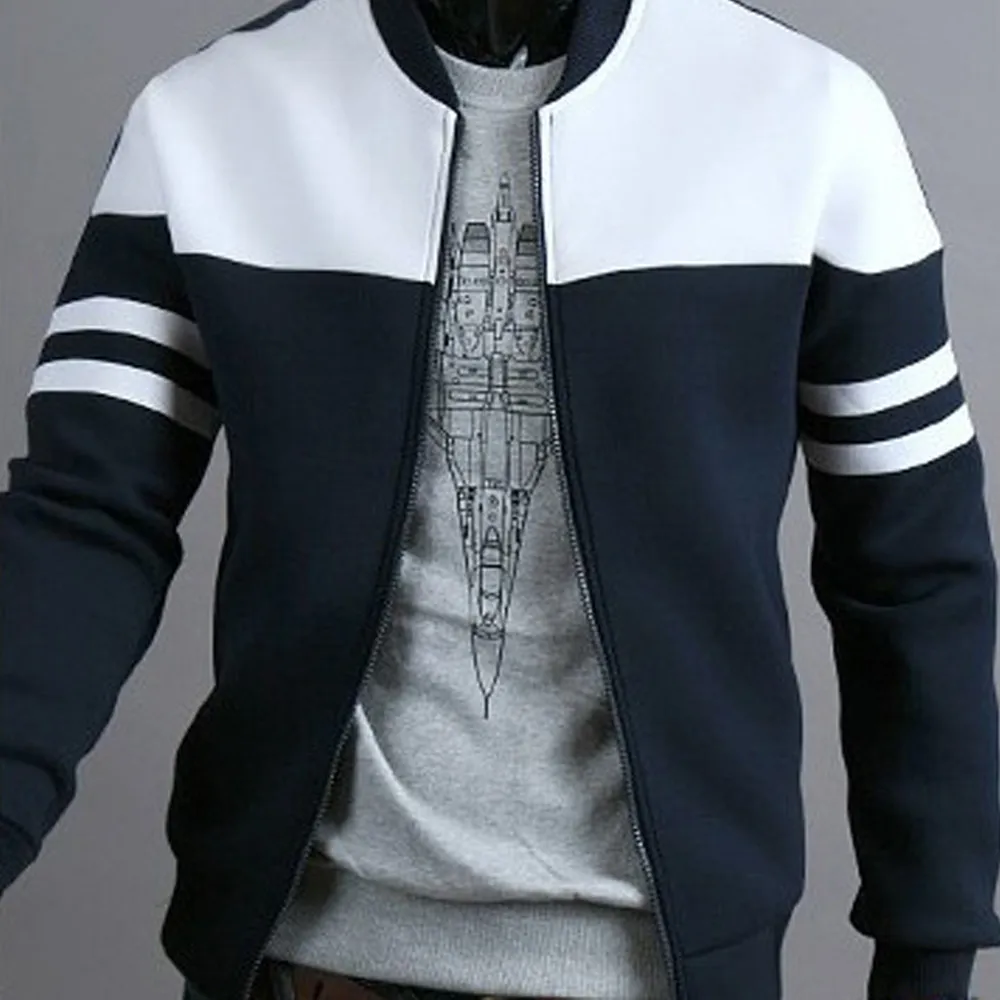 Autumn Men's Bomber Jacket Coat Sportswear Zipper Solid Stripe Patchwork Long Sleeve Outwear Mens Bomber Jacket Coat Homme 2019