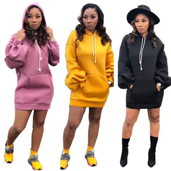 

2019 explosion models European and American women's new style hooded lantern long sleeve solid color hooded dress female skirt