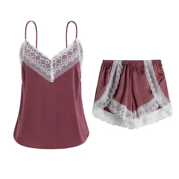

2 Peices Sleep Lounge Women Pajamas Set Sexy Satin Sleepwear Silk Pijama Fashion Lace Sleeveless Pajamas For Women Pyjama