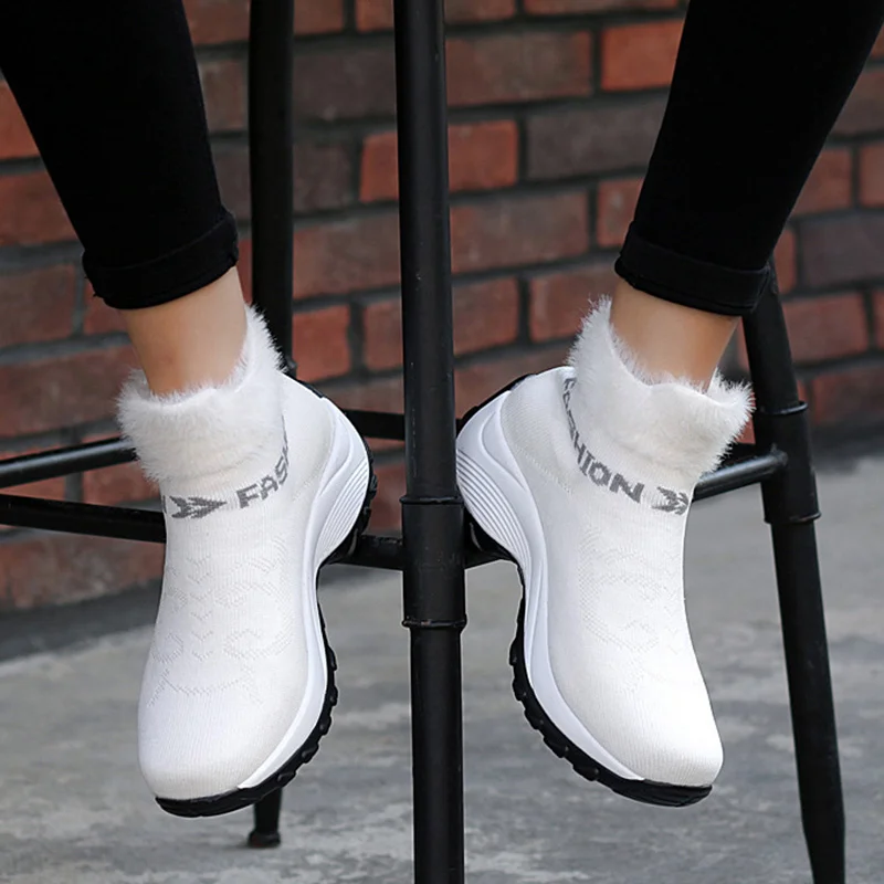 

Women Winter Snow Boots Ladies Slip On Ankle Boots Warm Fur Plush Casual Women's Flat Platform Knitting Woman Female Shoes New