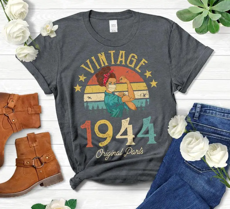 

Vintage 1944 Original Parts Retro with Mask Quarantine Edition Tshirt Funny 77th Birthday Gift Colorful pattern cotton shirt