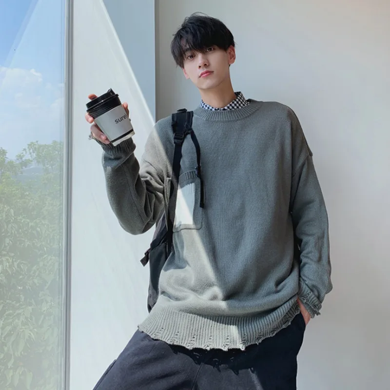 Autumn New Sweater Men Fashion Solid Color Casual Pocket Knit Sweater Man Loose Long-sleeved Pullover Men Sweter Clothes M-2XL