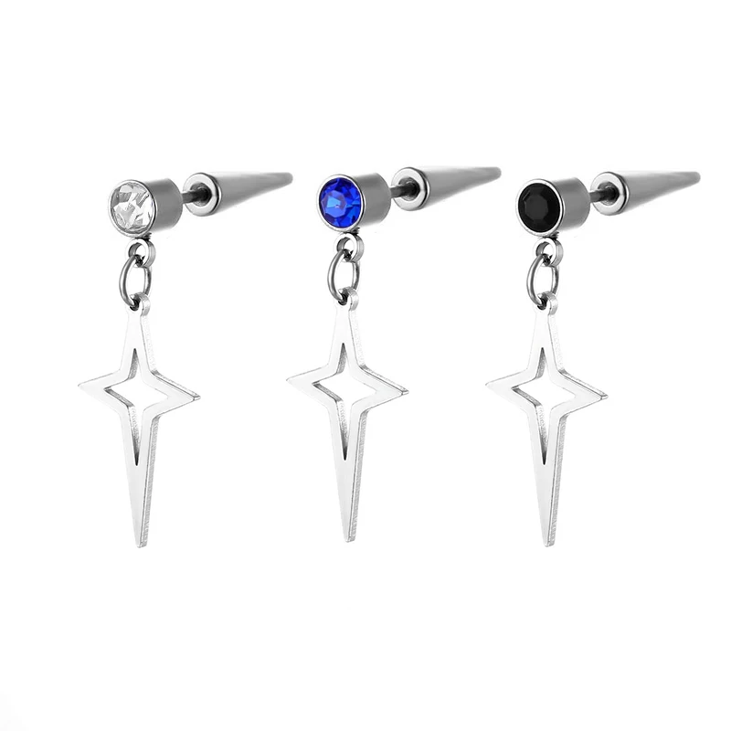 1 Pce Star Earrings Hoop For Men Women Stainless Steel Trend Punk Four Pointed Dangle Unisex Kpop Jewelry | Украшения и