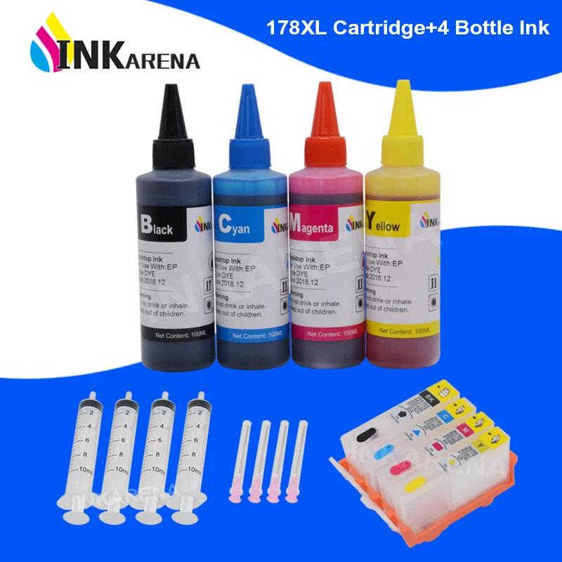 

INKARENA 4 Color Bottle Ink Refill Kits+ 178XL Replacement For HP 178 Ink Cartridge Photosmart Deskjet 3070A 3520 Officejet 4620