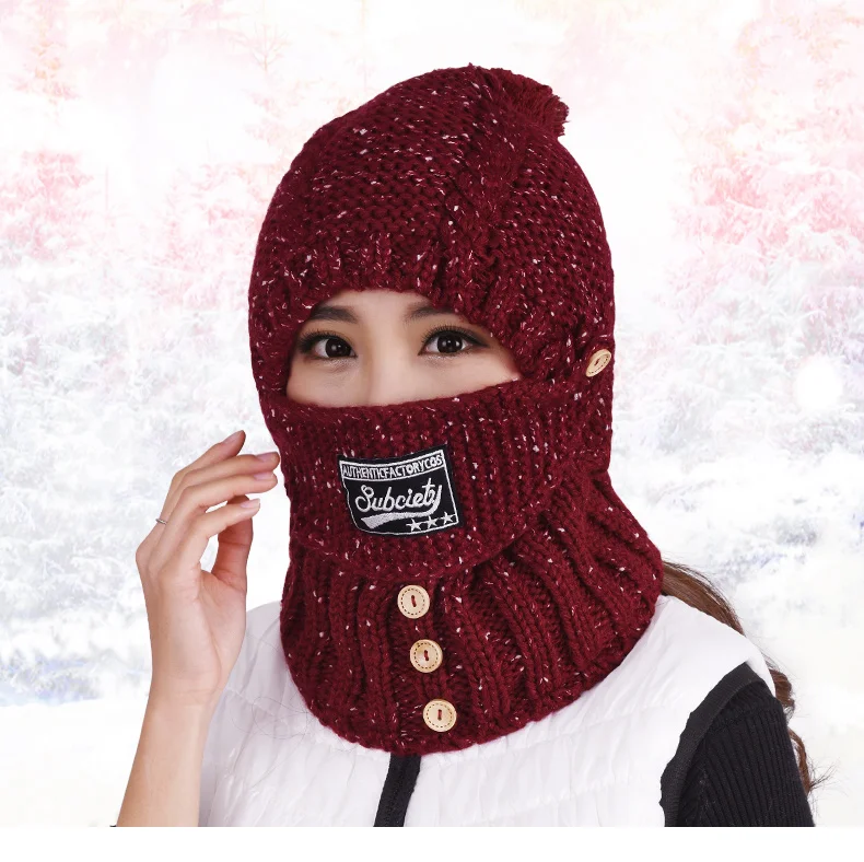 Женская зимняя трикотажная маска-шляпа, шарф, набор pom poms hat, тканевая шляпа с буквами, украшение на пуговицы, шляпа