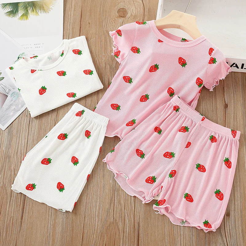 

New Baby Clothes Girl Summer Sets Cotton Casual Short Sleeve Strawberry Printed T-shirt Tops + Shorts 2 PCS Set for 0-6Y