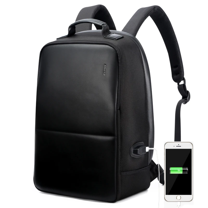 Мужской кожаный рюкзак для путешествий BOPAI черный школьный с USB зарядкой и