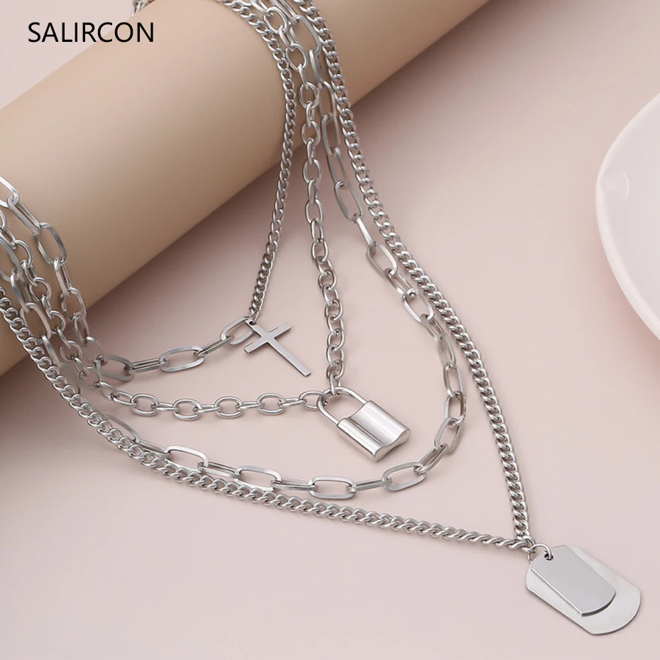 

Salircon Boho Multi Layer Link Chain Necklace Collares Steampunk Tag Lock Cross Pendant Choker Necklace For Women Men Jewelry