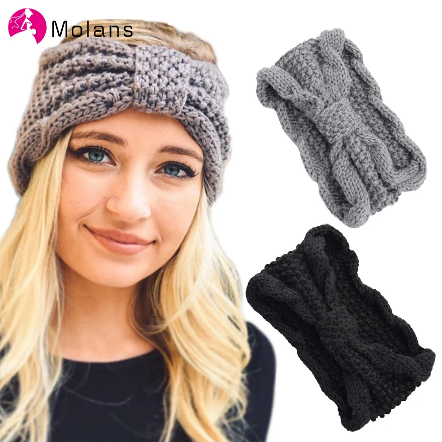 Molans Bow Twist Wide Headband Ladies Solid Winter Crochet Knitting Woolen Warm Stretch Headbands Handmade Hair Accessories