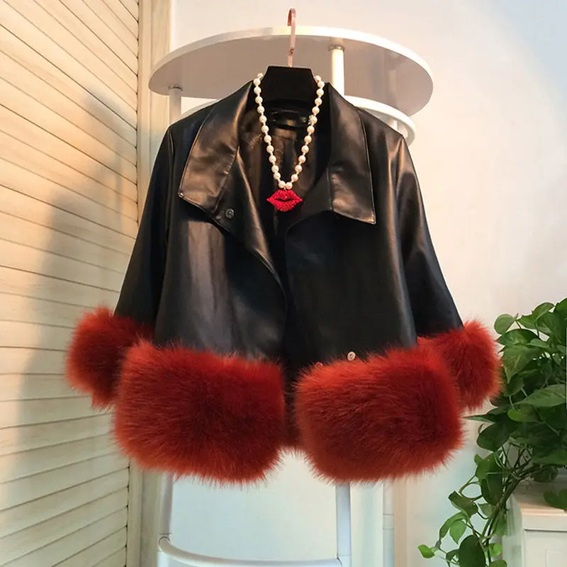 Новое поступление, Женская куртка из искусственной кожи, женская одежда, осенне-зимнее Свободное пальто с длинными рукавами и воротником-стойкой, искусственный мех, f1799 - Цвет: wine red