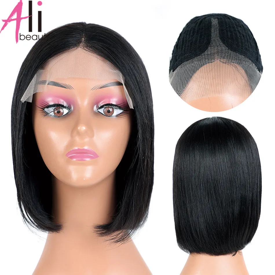 Human Hair Bobo Wig Brazilian Remy Straight T part Lace Bob Human Hair Wig Pre Pluck With Baby