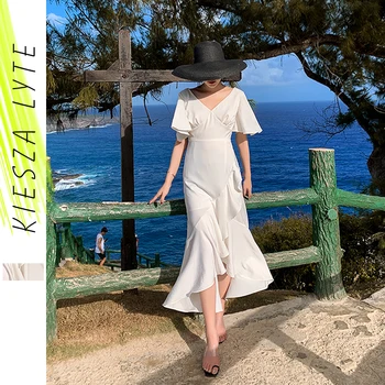 

Elegant White Dress Women Irregular Solid V Neck Boho Seaside Holiday Midi Dresses 2020 Summer New Ladies Vestidos