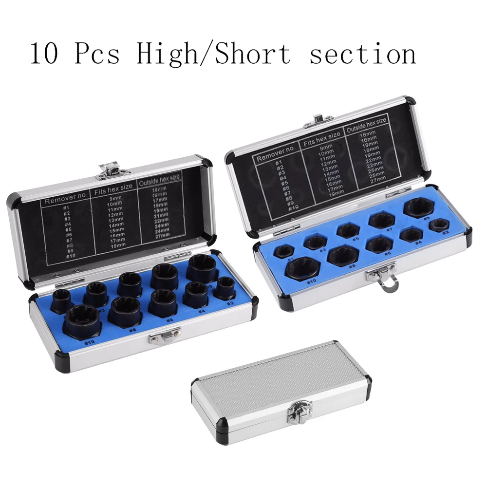 

9-19mm Bolt Nut Remover Extractor Set Black Damaged Nuts Extractors Broken Bolt Removal Kit High/Short Type 10 Pcs/Set