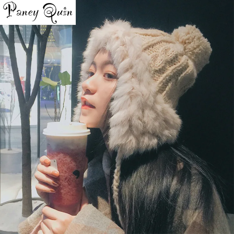 

Rabbit Fur Hat For Women Fluffy Earflap Ear Caps Skiing Ear protection ball Warm Casual Fashion knit hat fur bomber HAT women