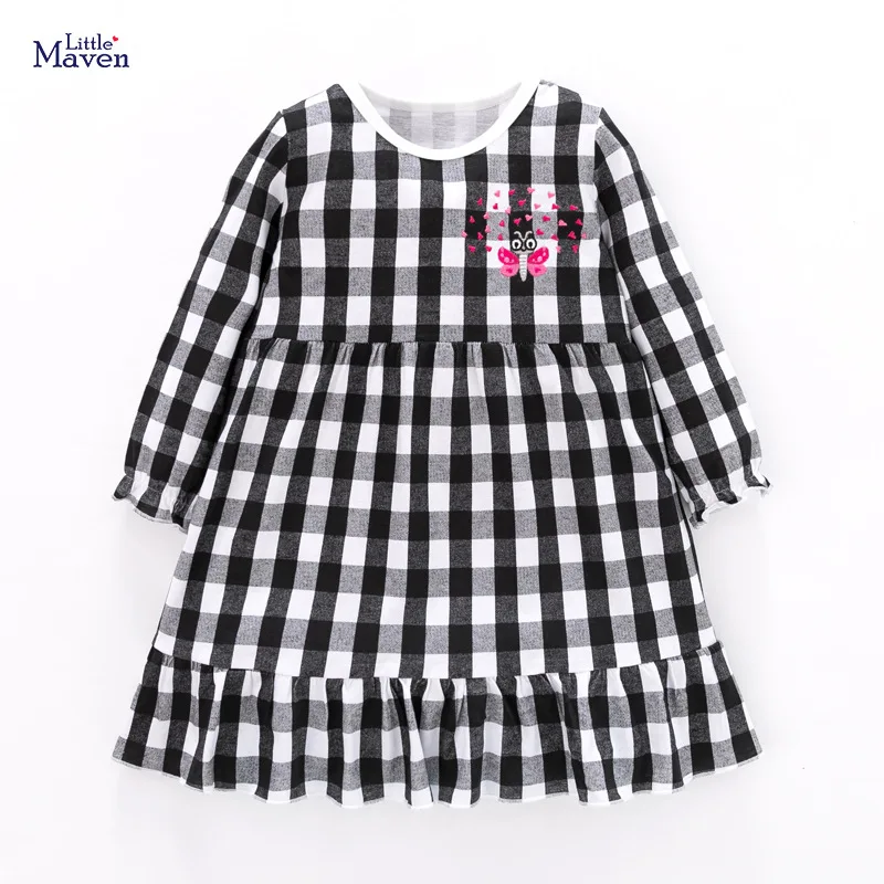 

Little Maven New Spring Autumn Kids White Black Plaid Butterfly O-neck Girls 2-6yrs Full-sleeved Cotton Knitted Casual Dresses