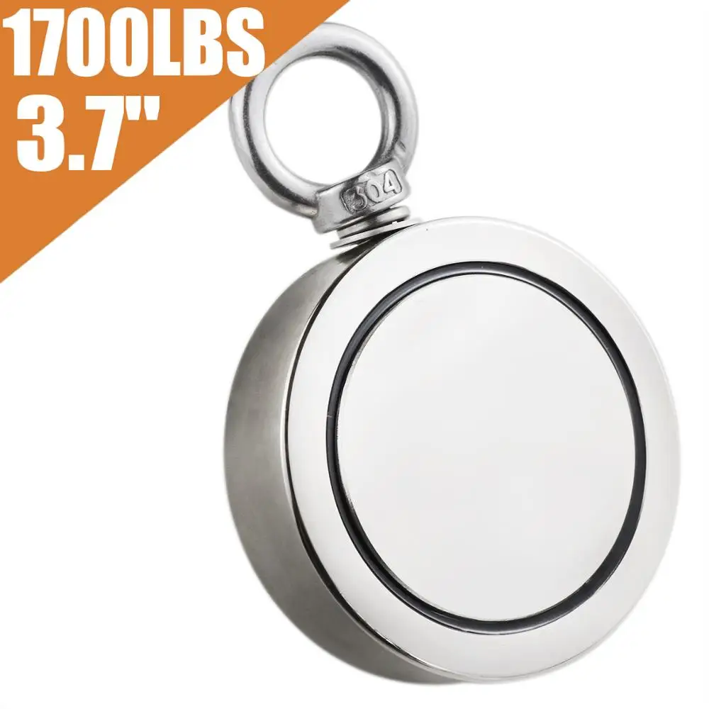 

Neodymium Fishin permanent Magnet (Double-Sided) strong Magnet with Eyebolt,3.7inch Combined 1700LBS 770kg Pulling Force