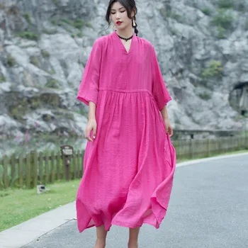 

Retro Cotton Womens Loose Casual Maxi Dress 2020 New Simple Solid Color V Neck Seven Pioint Sleeve Middle Length Dress