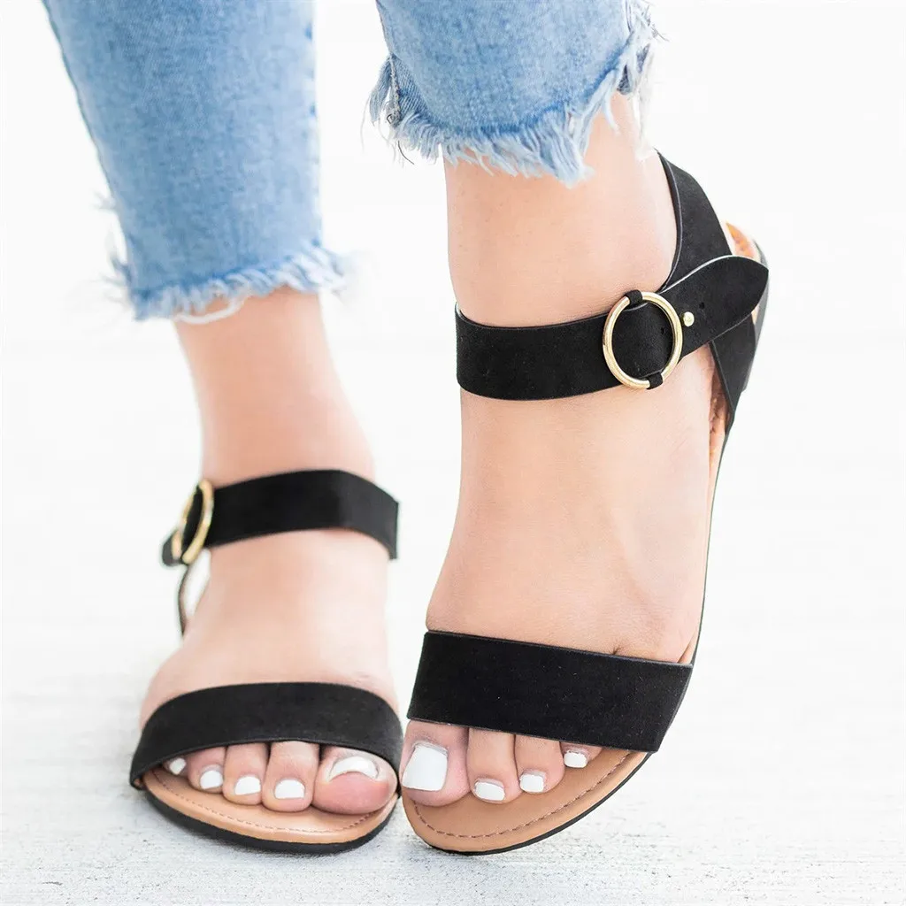 SAGACE Summer Sandals Women Leather Roma Flat Solid Buckle Shoes Ladies Casual Peep Toe | Обувь