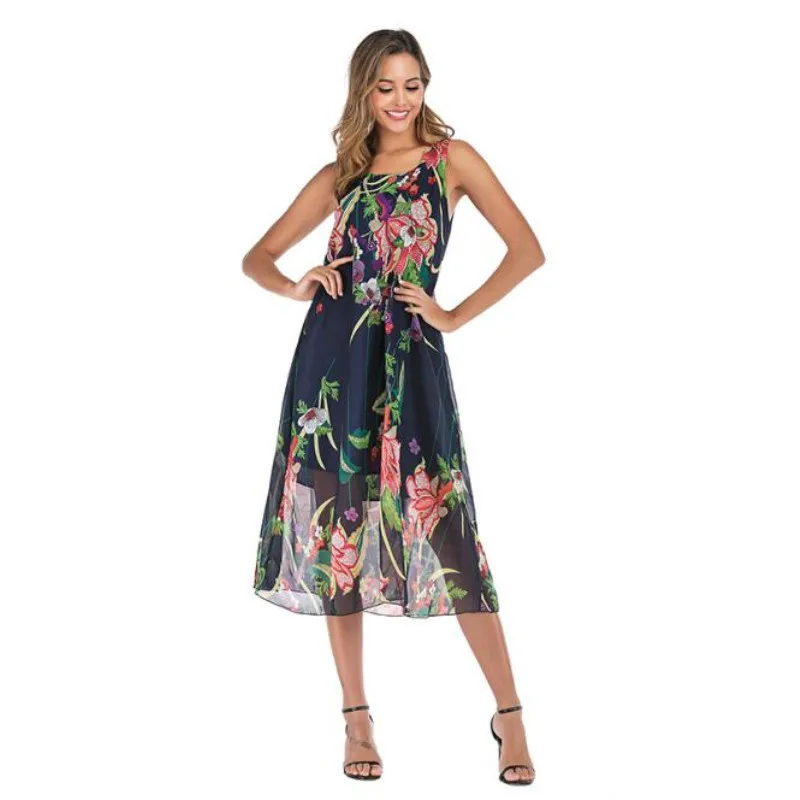 2020 Fashion Women Print Boho Floral Long Mid Dress Sleeveless Evening Party Summer Beach Sundress Robe