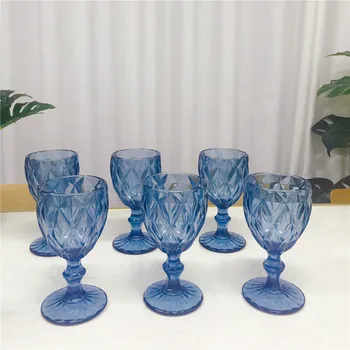 

Retro Blue Goblet Wine Glass Cyrstal Goblets Juice Drink Champagne Prismatic Goblet Party Barware Dinner Water 6pcs 240ml