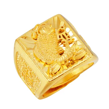 

Men Ring Jewelry Koi Hand-carved Comfort Fit Dubai 24K Gold Rings for Men Wedding Ring Wide 22mm Adjustable Ring