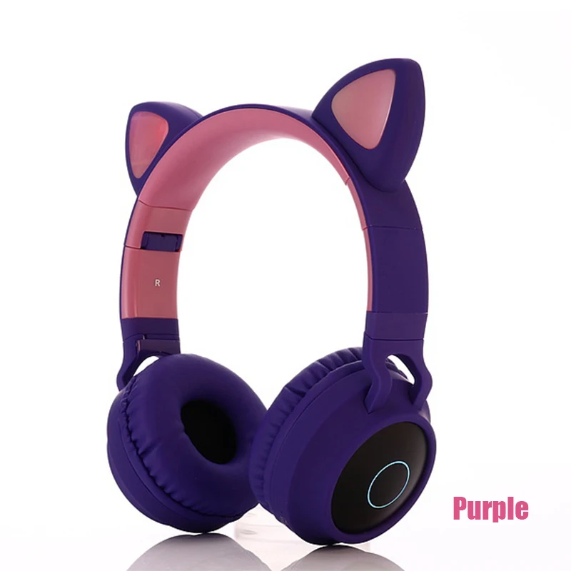 Purple Милые кошачьи ушки Bluetooth 5,0 беспроводные наушники детские наушники складные на ухо стерео гарнитура с микрофоном светодиодный светильник FM радио/TF карта - Цвет: Purple