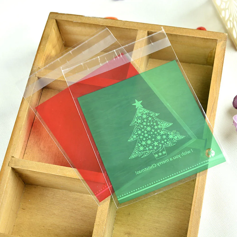 100 шт Упаковочные пакеты полупрозрачный Рождественская елка Санта-Клаус печенье Пищевые мешки для печенья самоклеющиеся уплотнительные пакеты