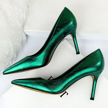 

2020 Women 8cm High Heels Pumps Plus Size 43 Stripper Fetish Valentine Lady Shoes Low Heel Scarpins Yellow Green Blue Prom Pumps